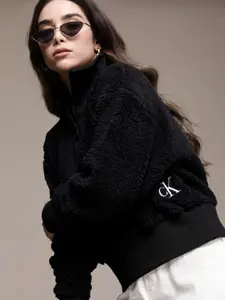 Calvin Klein Jeans Women Black Embroidered Fluffy Oversized Sweatshirt