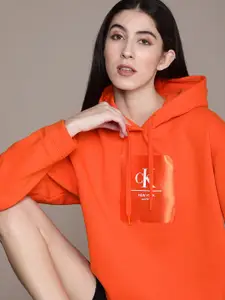 Calvin Klein Jeans Women Orange Printed Hooded Sweatshirt