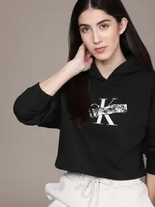 Calvin Klein Jeans Women Black Printed Hooded Crop Sweatshirt