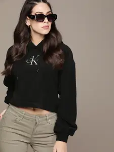 Calvin Klein Jeans Women Black Embroidered Hooded Sweatshirt
