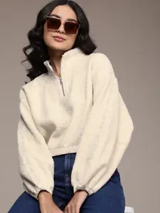 Calvin Klein Jeans Women Beige MIX MEDIA SHERPA Crop Sweatshirt