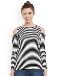 Miss Chase Women Black & White Striped Cold Shoulder Pure Cotton Top
