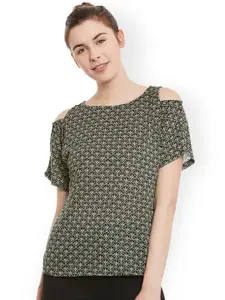 Miss Chase Women Green Printed Cold Shoulder Top