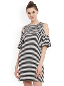 Miss Chase Women Black & White Striped Cold Shoulder A-Line Dress