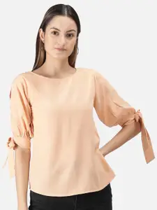 FALCO ROSSO  Women Peach Solid Crepe knot Sleeves Top