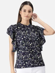 FALCO ROSSO Navy Blue Floral Print Choker Neck Crepe Top