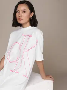 Calvin Klein Jeans Women White & Pink Printed Pure Cotton T-shirt Dress