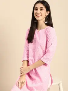 all about you Women Pink & White Ethnic Motifs Embroidered Chikankari Kurta