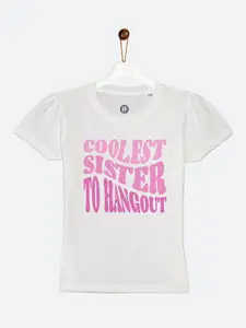 YK Girls White & Pink Sis Sibling Collection Printed Cotton T-shirt