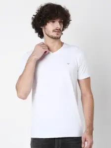 Mufti Men White V-Neck Slim Fit T-shirt