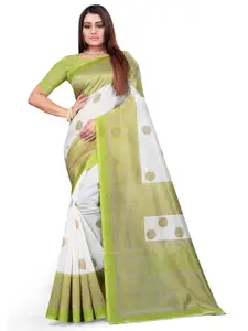 Grubstaker White & Green Ethnic Motifs  Mysore Silk Saree