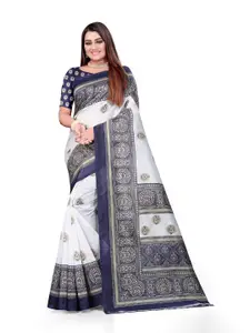 Grubstaker White & Navy Blue Ethnic Motifs Art Silk Mysore Silk Saree