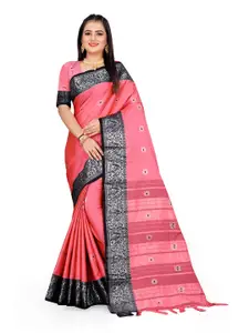 Grubstaker Pink & Black Ethnic Motifs Zari Pure Cotton Kanjeevaram Saree
