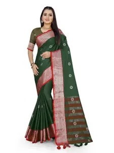 Grubstaker Green & Red Woven Design Zari Pure Cotton Kanjeevaram Saree