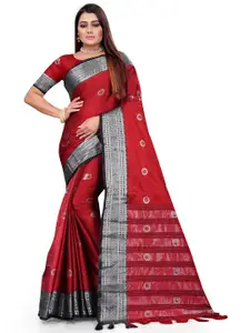 Grubstaker Red & Silver-Toned  Zari Pure Cotton Kanjeevaram Saree