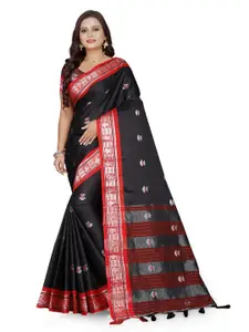 Grubstaker Women Black & Red Woven Design Zari Pure Cotton Kanjeevaram Saree