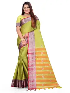 Grubstaker Yellow & Red Woven Design Zari Pure Cotton Kanjeevaram Saree