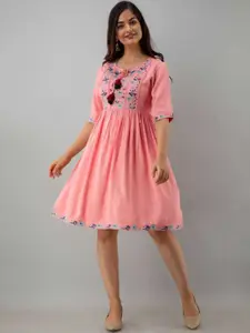 Sangria Women Pink Floral Embroidered Tie-Up Neck A-Line Dress