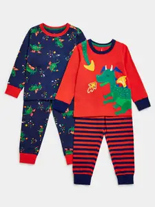 mothercare Boys Set Of 2 Self Design Applique & Printed Pure Cotton T-shirts with Joggers