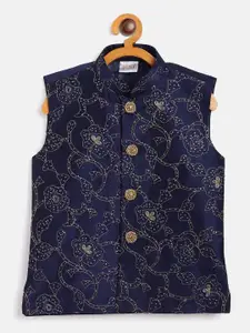 VASTRAMAY Boys Navy Blue Silk Blend Embroidered Nehru Jacket