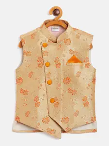 VASTRAMAY Boys Orange Floral Print Silk Blend Nehru Jacket
