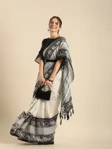Sangria Black & Grey Ethnic Motifs Zari Pure Linen Saree