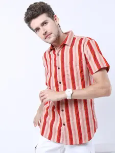 HIGHLANDER Men Rust Slim Fit Striped Opaque Casual Shirt