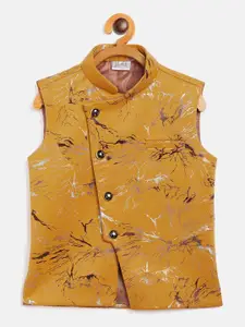 VASTRAMAY Boys Yellow Foil Printed Slim-Fit Nehru Jackets