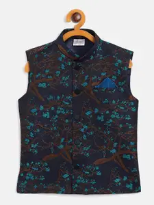 VASTRAMAY Boys Turquoise Blue & Black Woven Design Nehru Jackets