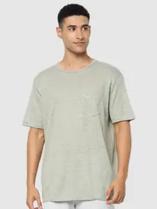 Celio Men Grey Drop-Shoulder Sleeves Linen T-shirt