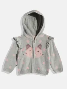 mothercare Girls Grey & Pink Embroidered Hooded Sweatshirt