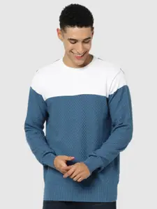 Celio Men Blue & White Colourblocked Cotton Pullover
