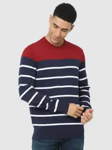 Celio Men Navy Blue & Maroon Striped Sweater