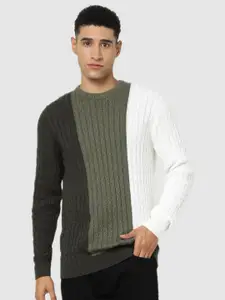 Celio Men Dark Green, Olive Green & White Vertical Striped Sweater