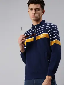 SHOWOFF Men Navy Blue & Yellow Striped Pullover Sweatshirt