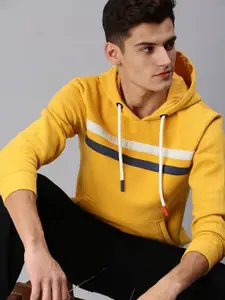 SHOWOFF Men Yellow Striped Hooded  Cotton Pullover Sweatshirt
