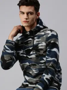 SHOWOFF Men Charcoal Camouflage Printed Hooded Sweatshirt