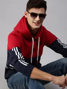 SHOWOFF Men Red Colourblocked Cotton Hooded Sweatshirt