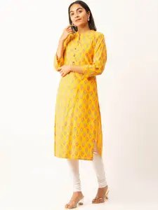 ZOLA Cotton Mandarin Collar Yellow Block print Ethnic Wear Kurta  for Women