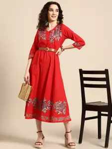 Sangria Red Floral Embroidered Ethnic Maxi Dress