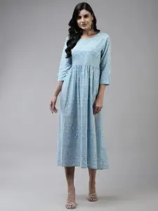 Yufta Blue & White Ethnic Motifs Cotton Ethnic Midi Dress