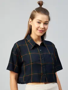 CHIMPAAANZEE Women Navy Blue Relaxed Boxy Tartan Checks Checked Casual Shirt