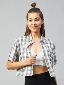 CHIMPAAANZEE Women White & Black Relaxed Boxy Tartan Checks Checked Casual Shirt