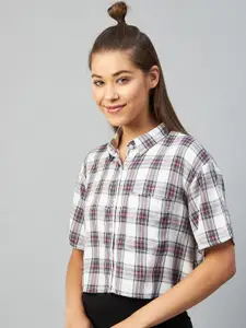 CHIMPAAANZEE Women White & Grey Relaxed Boxy Tartan Checks Checked Casual Shirt