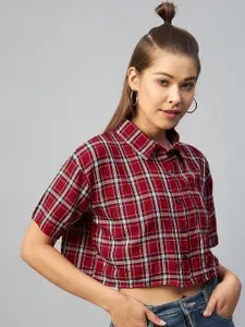CHIMPAAANZEE Women Red Relaxed Boxy Tartan Checks Checked Casual Shirt