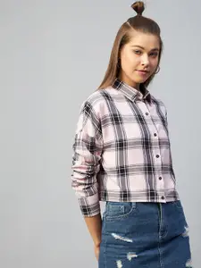 CHIMPAAANZEE Women Pink Boxy Tartan Checked Casual Shirt