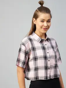 CHIMPAAANZEE Women Pink Relaxed Boxy Tartan Checks Checked Casual Shirt