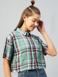 CHIMPAAANZEE Women Green Boxy Tartan Checks Casual Shirt