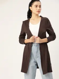 DressBerry Women Coffee Brown Pure Cotton Solid Longline Shrug