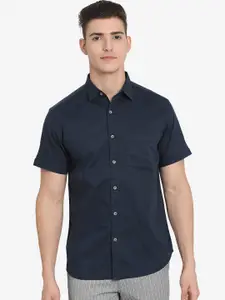 Greenfibre Men Navy Blue Solid Custom Slim Fit Casual Shirt